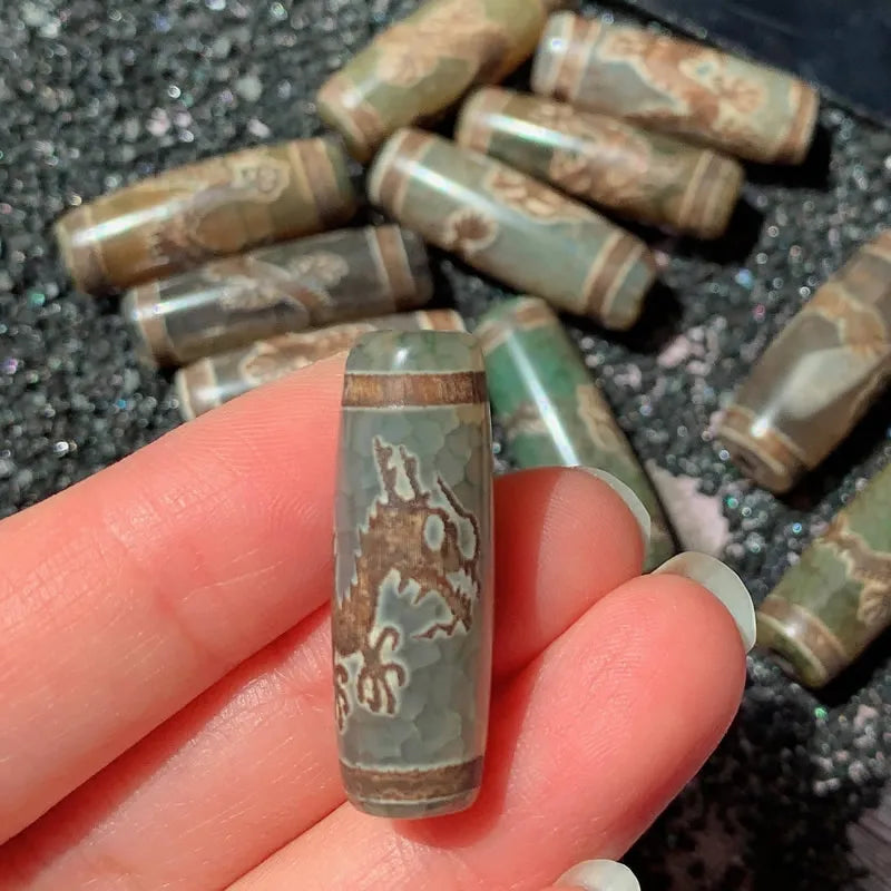 30mm Dragon Vintage Natural Tibetan Dzi Agates Beads Grey Green Agat Stone Beads
