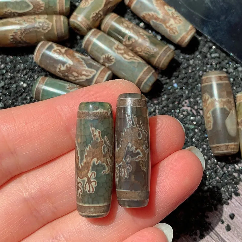 30mm Dragon Vintage Natural Tibetan Dzi Agates Beads Grey Green Agat Stone Beads
