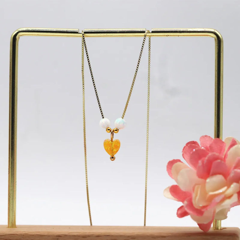 925 Sterling Opal Heart Necklace with Box Chain - Yellow/Purple/Red Opal Heart