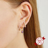 925 Silver Hoop Earrings Crystal Pave Rainbow Women Jewelry