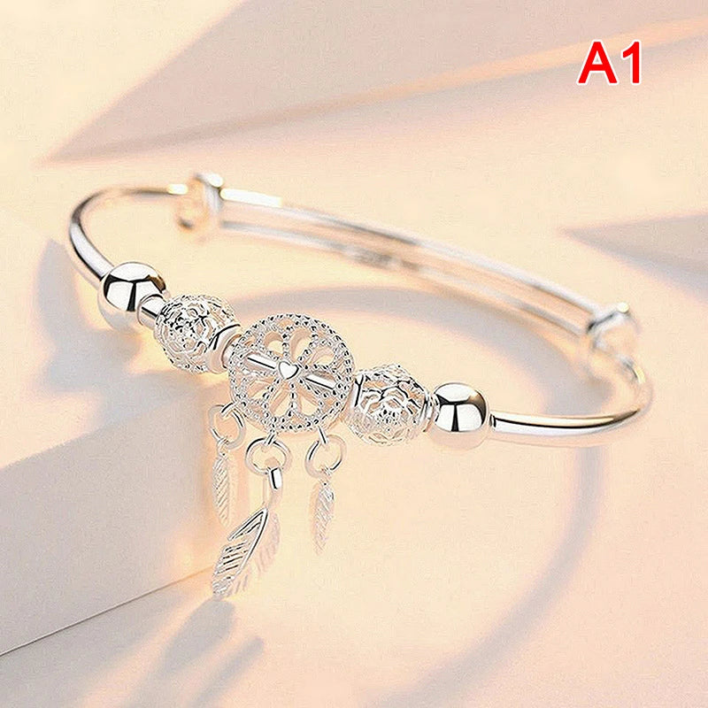 Adjustable Silver Bangle with Tassel Feather Charm Bracelet