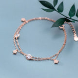 925 Sterling Silver White Double Rows Star & Solitaire Round Chain Bracelet