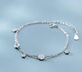 925 Sterling Silver White Double Rows Star & Solitaire Round Chain Bracelet