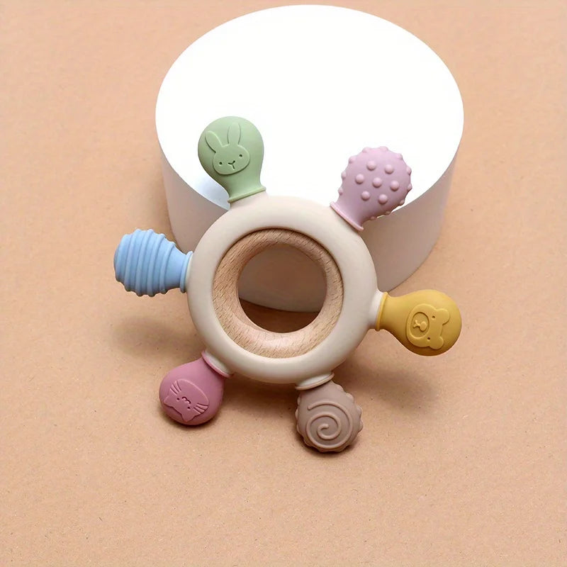 Baby Teething Toy Silicone Rudder With Wooden Ring Teether