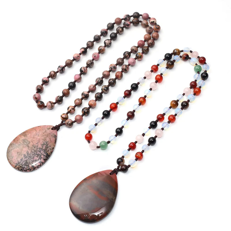 BloodStone Natural Oval Jades Rhodonite Teardrop Agates Beads Pendant Necklace