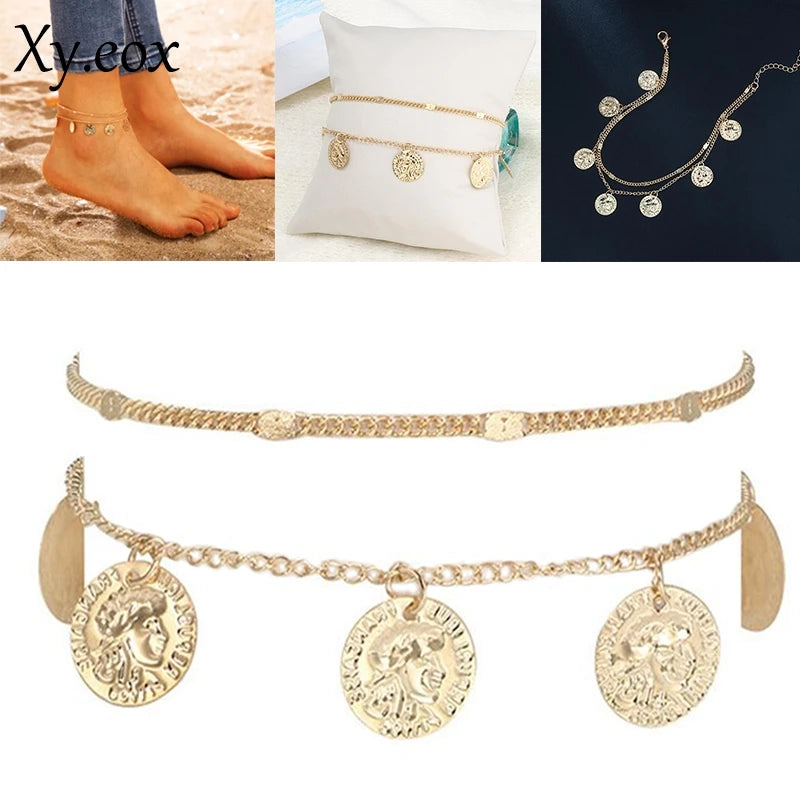 Coin Charm Anklet Double Layer Chain Foot Jewelry Women