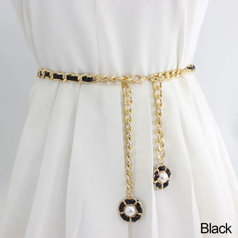 Women Pearl Belt Waist Belt Elastic Buckle Pearl Chain Belt Female