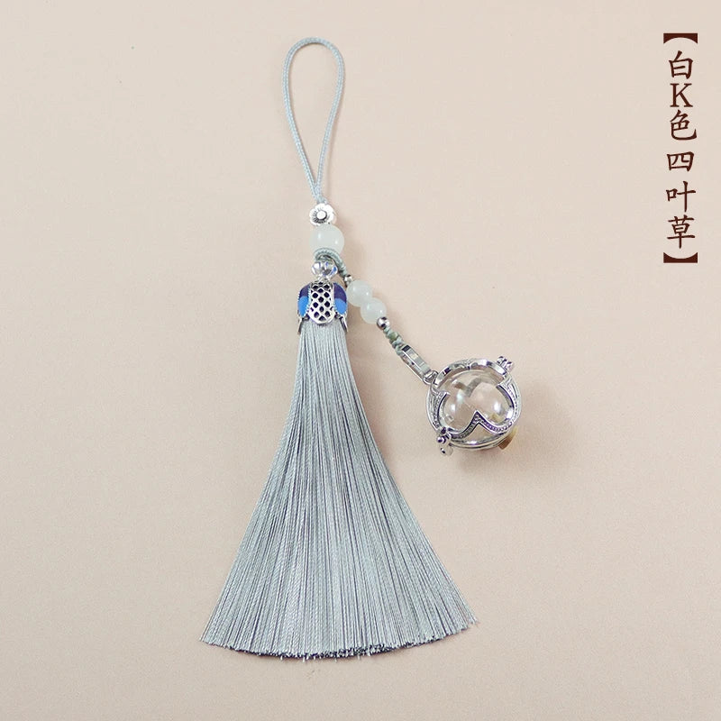 Four Leaf Locket Pendant Tassel Memorial Keychain Bag Pendant Decor