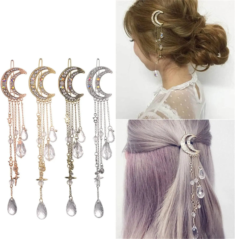 Moon Crystal Rhinestone Dangle Hair Clip Bridal Jewelry Gift