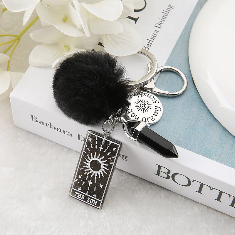 Sun Tarot Card Resin Keychain with Quartz Ball for Men Women