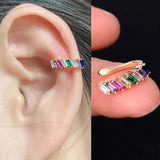 Flower Leaf Clip Earrings Rainbow Crystal Ear Cuff