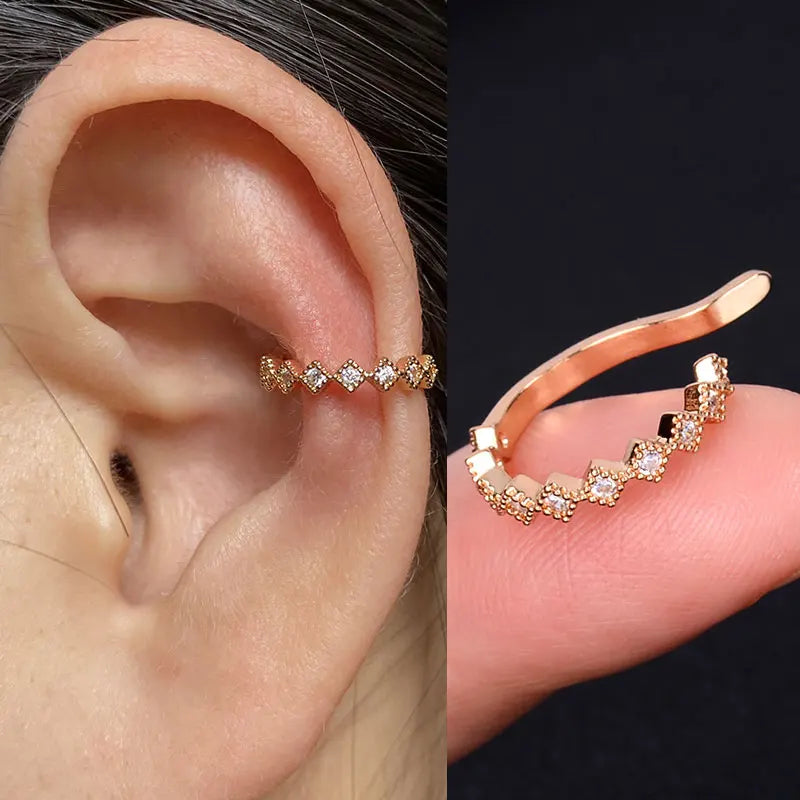 Flower Leaf Clip Earrings Rainbow Crystal Ear Cuff