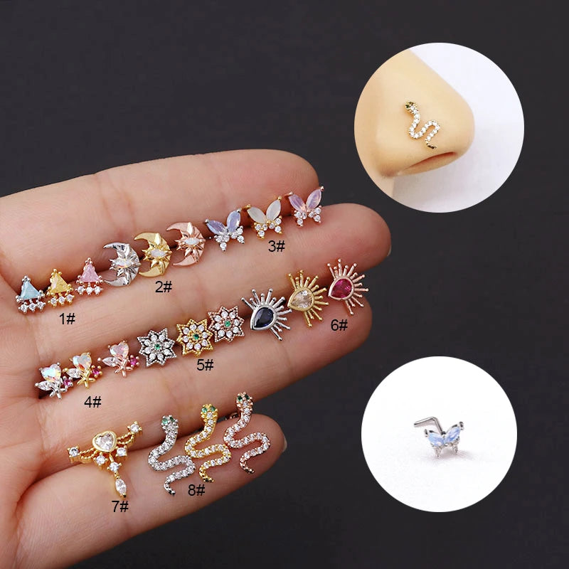 1PC L Shaped Stainless Steel Nose Studs Piercing Body Jewelry Colorful CZ Butter