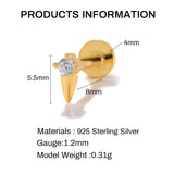925 Silver Labret Tragus Earring Threaded Stud 18K Yellow Plated