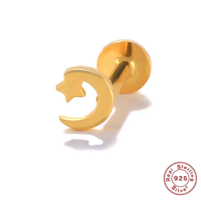 925 Silver Labret Tragus Earring Threaded Stud 18K Yellow Plated