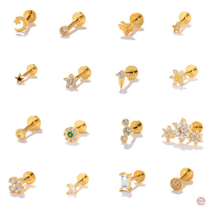 925 Silver Labret Tragus Earring Threaded Stud 18K Yellow Plated