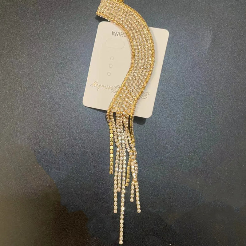 Sexy Rhinestone Tassel Clip Earrings Crystal Drop Ear Jewelry