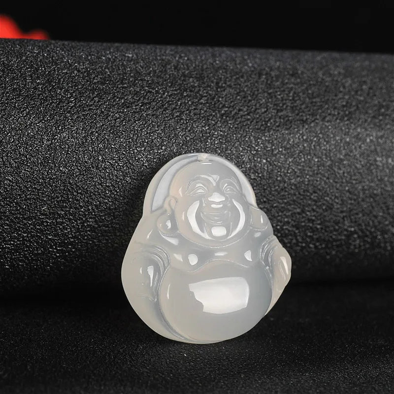 Green Agate Buddha Jade Pendant Necklace Chalcedony Carved Charm Lucky