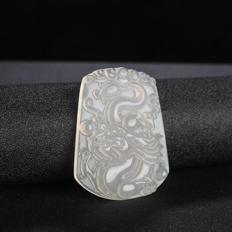 Green Agate Dragon Jade Pendant Necklace Chalcedony Chinese Carved Charm Jewelry