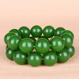 Green Jade 18mm Beads Bracelet Chinese Charm Jewelry Hand-Carved Jadeite