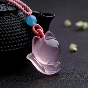 Pink Chalcedony Agate Fox Pendant Necklace Charm Jewelry for Women Men