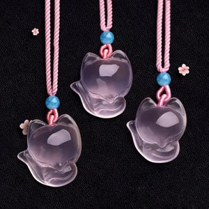 Pink Chalcedony Agate Fox Pendant Necklace Charm Jewelry for Women Men