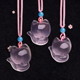 Pink Chalcedony Agate Fox Pendant Necklace Charm Jewelry for Women Men