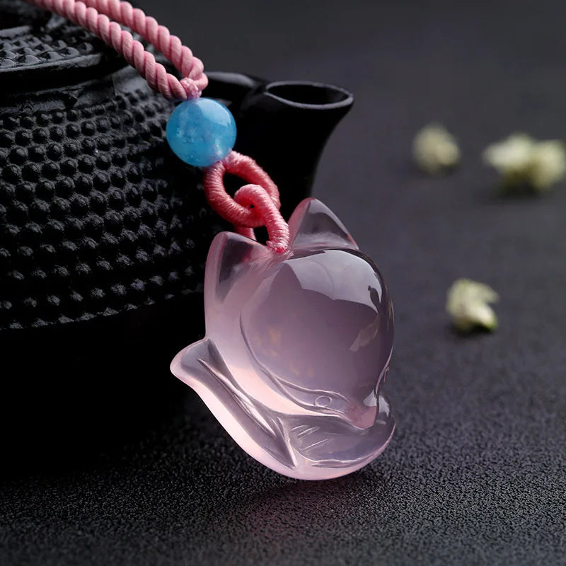 Pink Chalcedony Agate Fox Pendant Necklace Charm Jewelry for Women Men