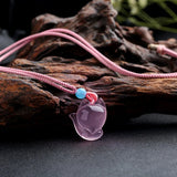 Pink Chalcedony Agate Fox Pendant Necklace Charm Jewelry for Women Men