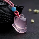 Pink Chalcedony Agate Fox Pendant Necklace Charm Jewelry for Women Men