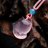 Pink Chalcedony Agate Fox Pendant Necklace Charm Jewelry for Women Men