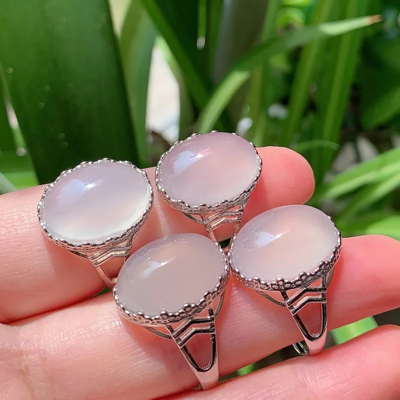 1PC Natural Agates Chalcedony Ring Adjustable Oval Flower Agat Stone Ring
