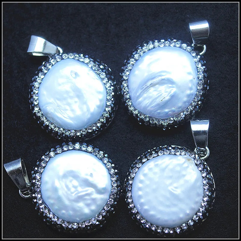 Natural Pearl Pendant with Rhinestone Charm 28mm Silver Beads European