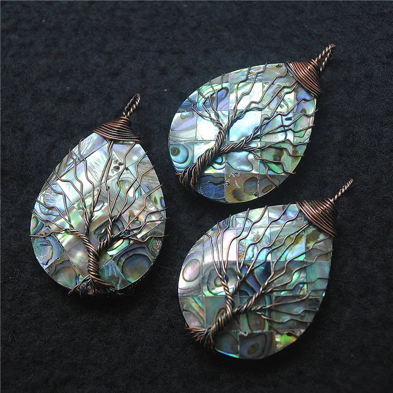 Abalone Shell Pendant 43X32MM Mother Of Pearl Metal Trees Necklace Making