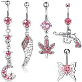 Pink Crystal Belly Button Ring Stainless Steel Navel Piercing
