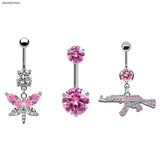 Pink Crystal Belly Button Ring Stainless Steel Navel Piercing