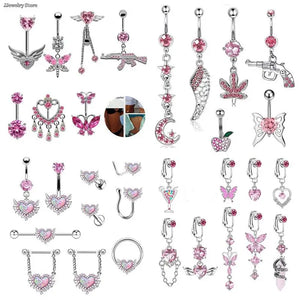 Pink Crystal Belly Button Ring Stainless Steel Navel Piercing