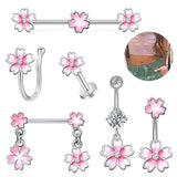 Pink Flower Belly Button Rings Zircon Drop Dangle Body Jewelry Piercing