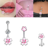 Pink Flower Belly Button Rings Zircon Drop Dangle Body Jewelry Piercing