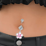 Pink Flower Belly Button Rings Zircon Drop Dangle Body Jewelry Piercing
