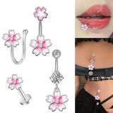 Pink Flower Belly Button Rings Zircon Drop Dangle Body Jewelry Piercing