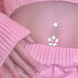 Pink Flower Belly Button Rings Zircon Drop Dangle Body Jewelry Piercing