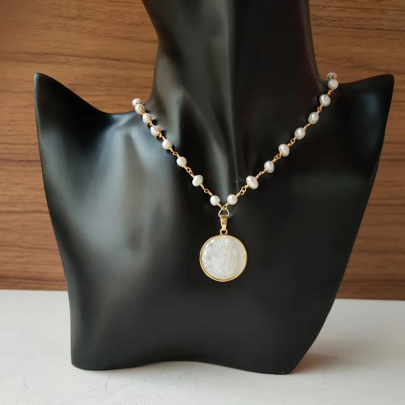 San Benito & Grace Mother Pearl Necklace Women Guadalupe/Cross Beads