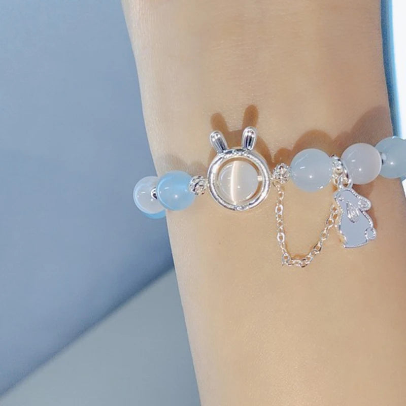 Opal Bead Bracelet Rabbit Pendant Ins Aqua Moonstone Crystal Hand Chain
