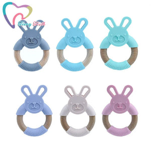 Silicone Bunny Baby Teether Wooden Ring Rattle Toy BPA Nursing Chewable Rabbit