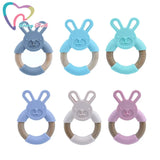 Silicone Bunny Baby Teether Wooden Ring Rattle Toy BPA Nursing Chewable Rabbit