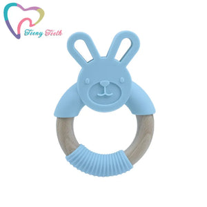 Silicone Bunny Baby Teether Wooden Ring Rattle Toy BPA Nursing Chewable Rabbit