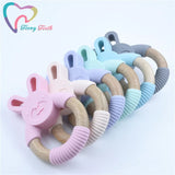 Silicone Bunny Baby Teether Wooden Ring Rattle Toy BPA Nursing Chewable Rabbit