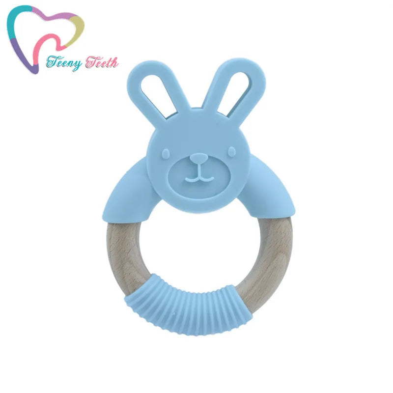 Silicone Bunny Baby Teether Wooden Ring Rattle Toy BPA Nursing Chewable Rabbit