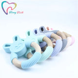 Silicone Bunny Baby Teether Wooden Ring Rattle Toy BPA Nursing Chewable Rabbit